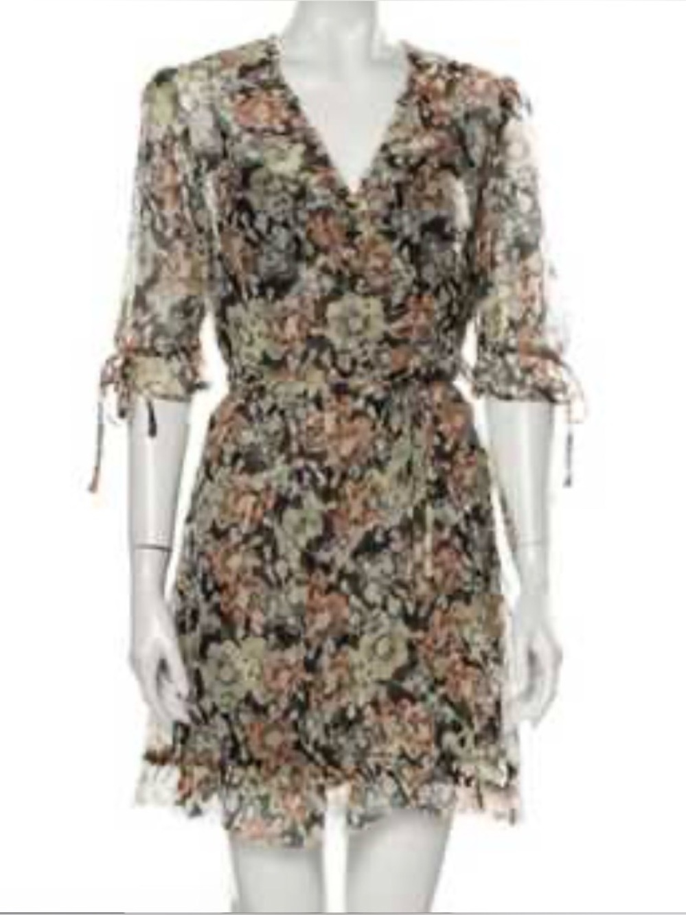 The Kooples Black Floral Wrap Mini Dress with Peach Accents